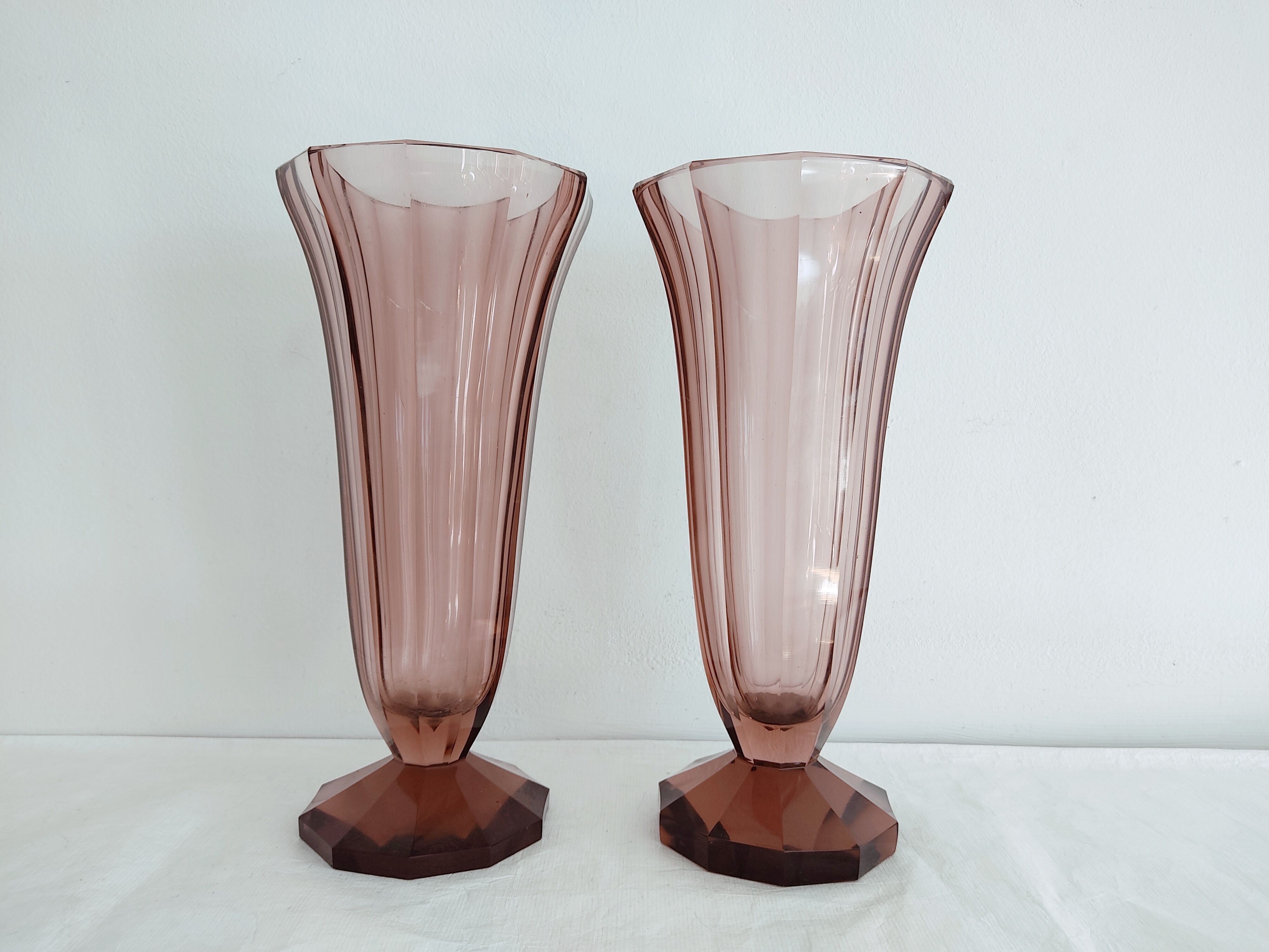 Pair of dark pink crystal vase art deco