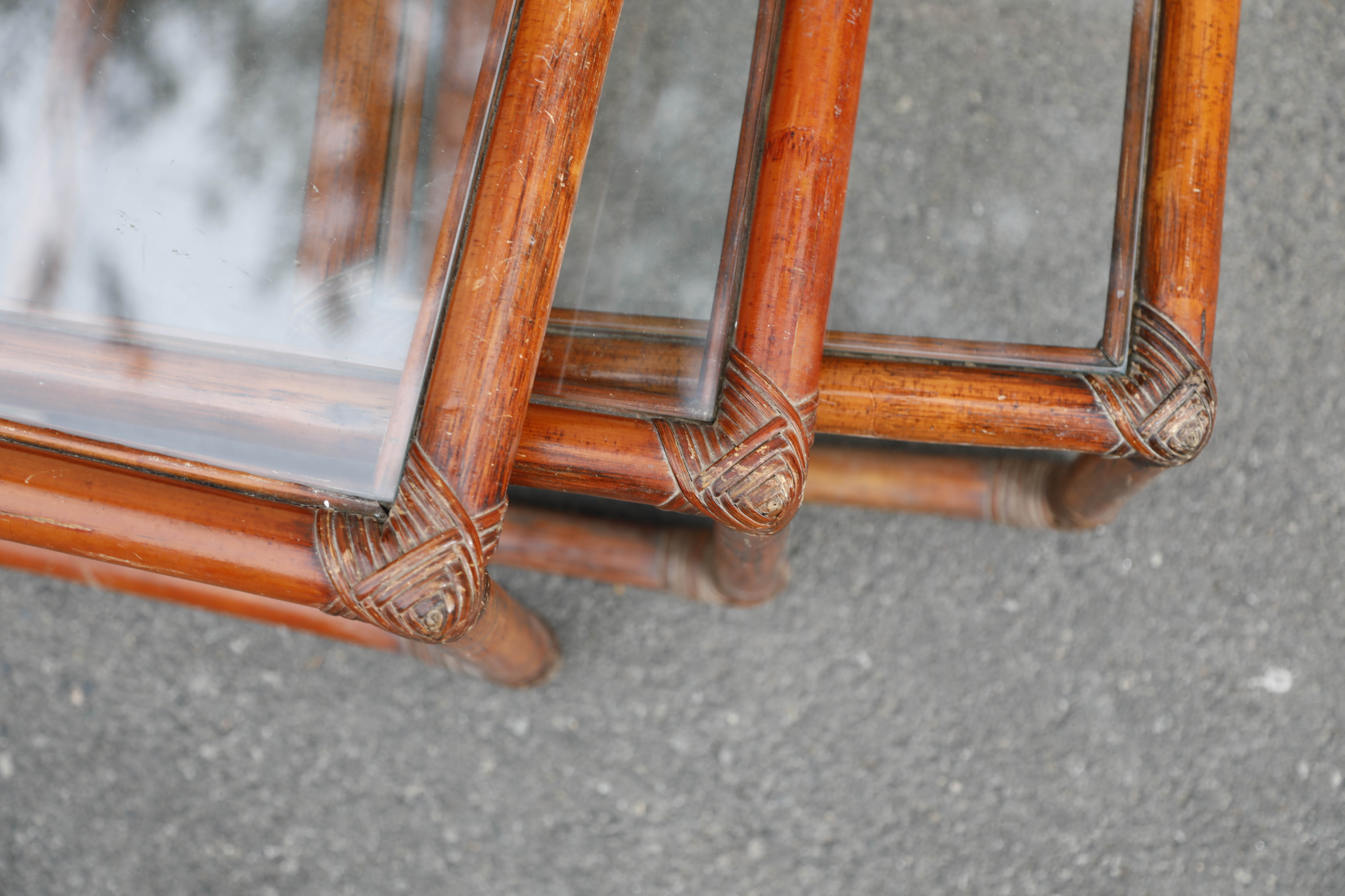 Rattan and glass side tables