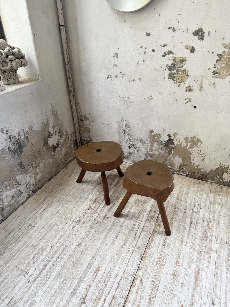 Pair of oak tripod shepherd's stools