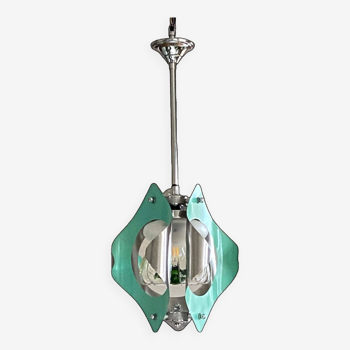 Lustre suspenstion inox seventies verre Mazzega vert ancien décoration LAMP-7151