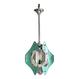 Lustre suspenstion inox seventies verre Mazzega vert ancien décoration LAMP-7151