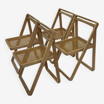 set of four mid century modern folding chairs, wood and webbing chair, italy 1970s design