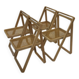 set of four mid century modern folding chairs, wood and webbing chair, italy 1970s design