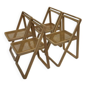 set of four mid century modern folding chairs, wood and webbing chair, italy 1970s design