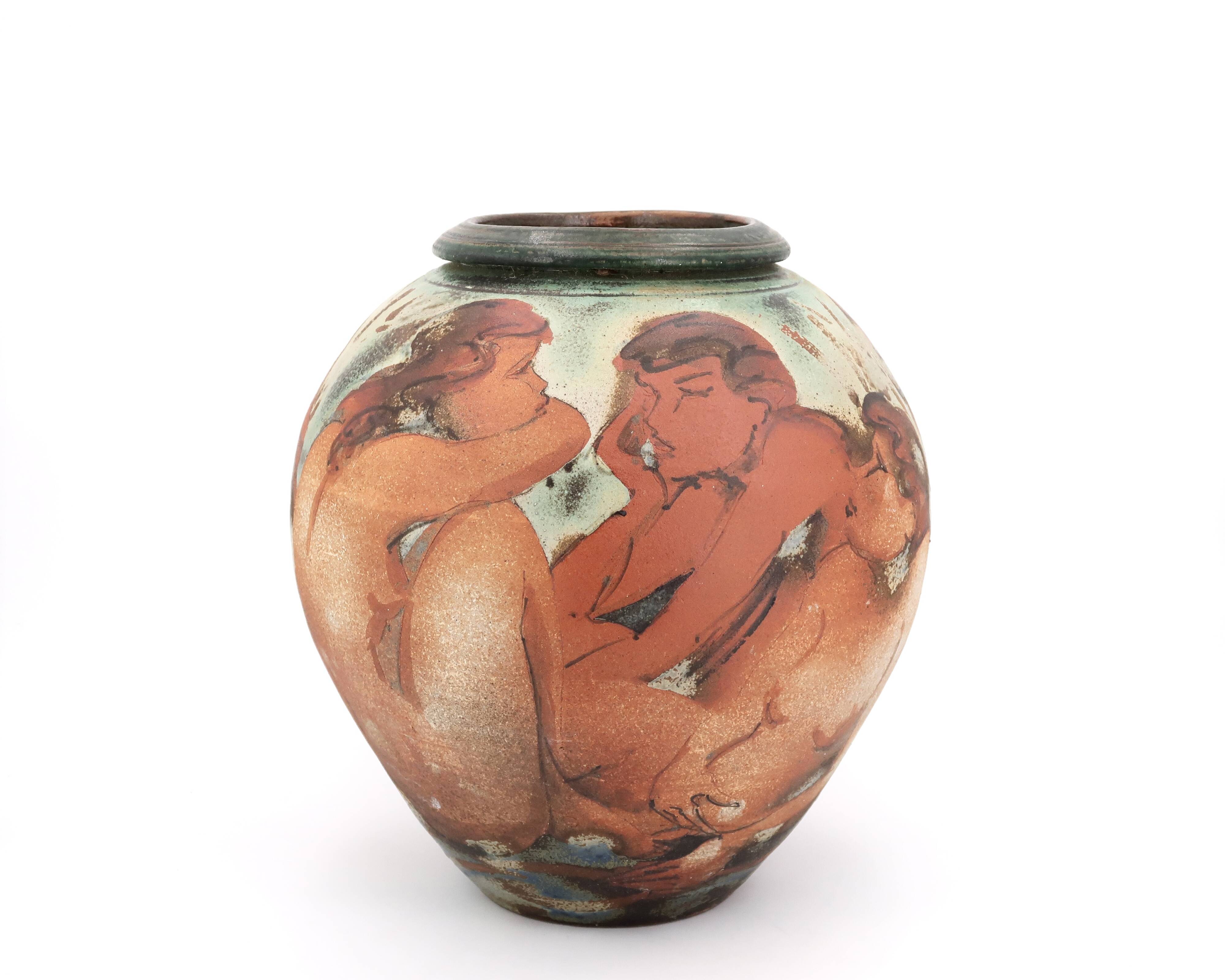 Decorated vase with woman, bathing scene.