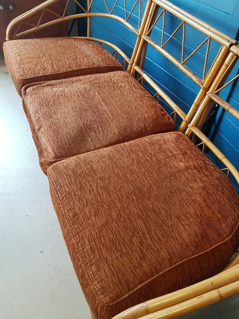 Canapé rotin vintage 3 places, 3 modules- possibilité banquette et chauffeuse