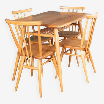 Table de petit-déjeuner rétro Ercol Elm Blonde modèle 395 et quatre chaises de cuisine Ercol
