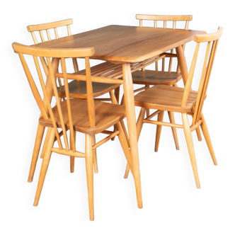 Table de petit-déjeuner rétro Ercol Elm Blonde modèle 395 et quatre chaises de cuisine Ercol