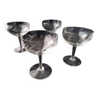 4 vintage champagne glasses in ground glass