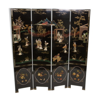 Chinese screen with decoration of hard stone lacquered with four panels 1940
