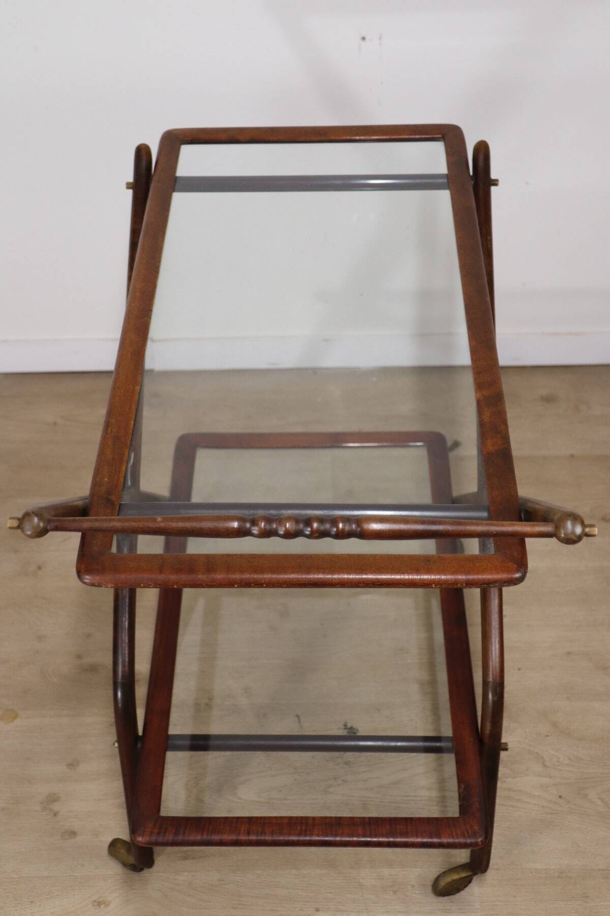 Vintage wooden and glass rolling trolley, 1960