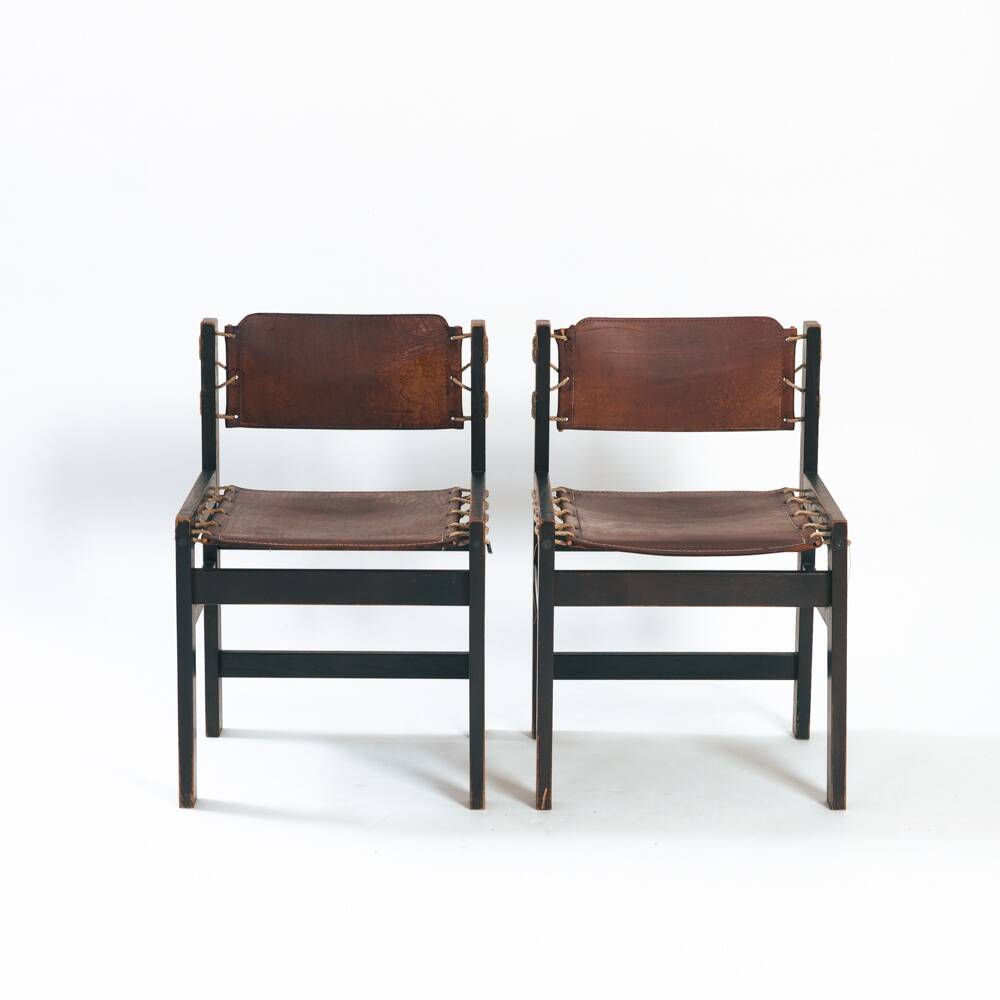 Vintage Brutalist Hide Leather and Wood with Rope Dining Chairs, Set of 2
