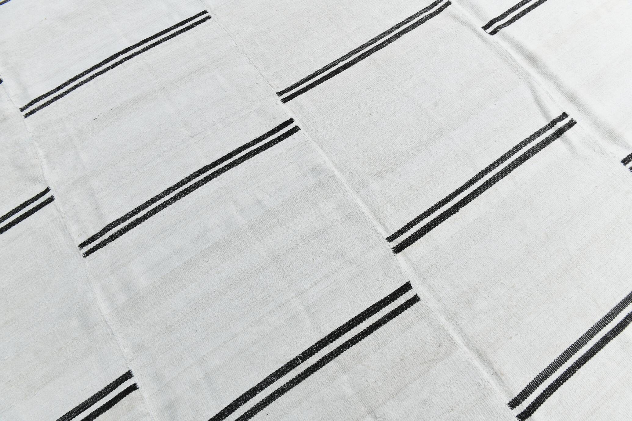 %100 Wool Beige & Black Striped Vintage Kilim Rug, 309x366 Cm