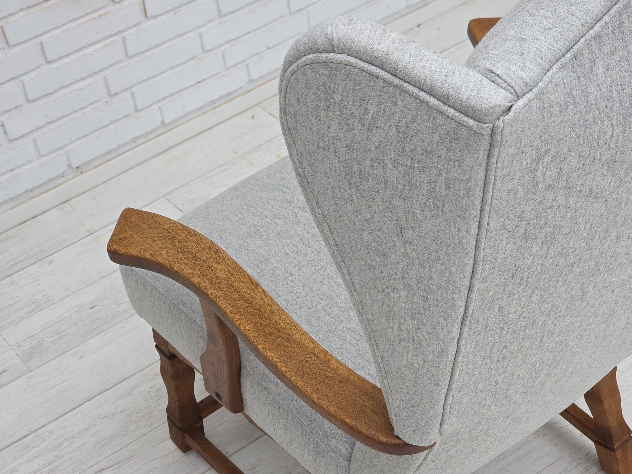 1950s, Danish high-backed armchair, reupholstered, wool, oak wood.