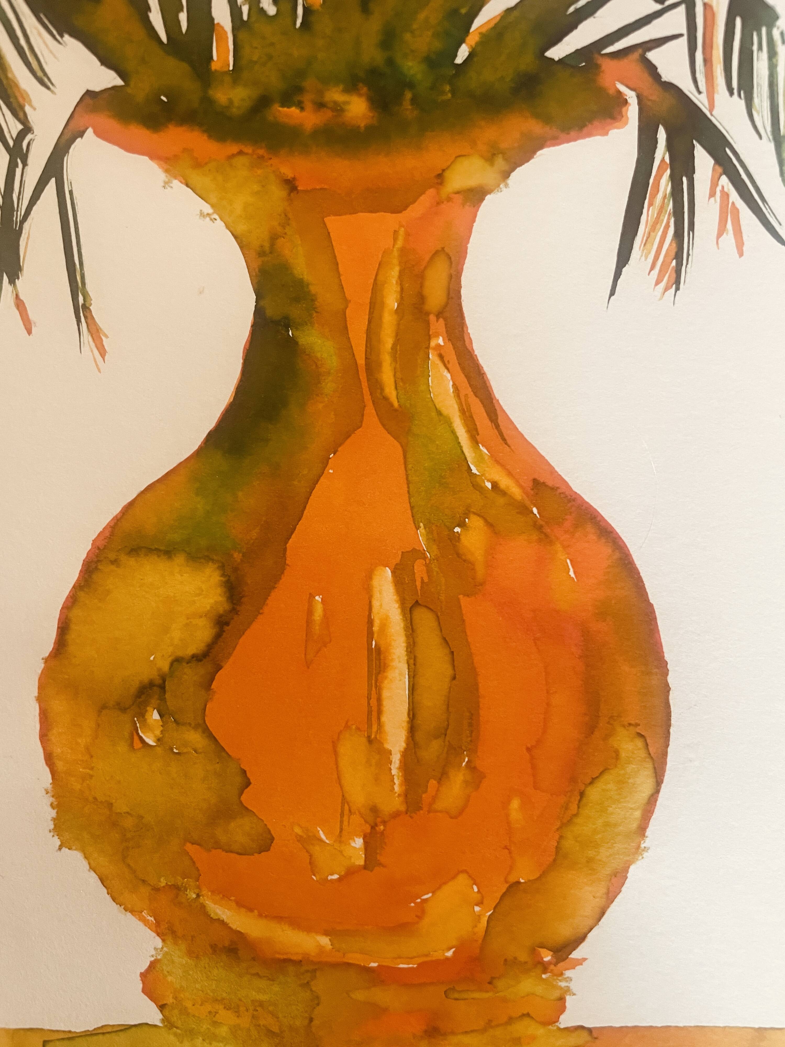 Tableau signé, nature morte « jarre provençale ornée de plantes »