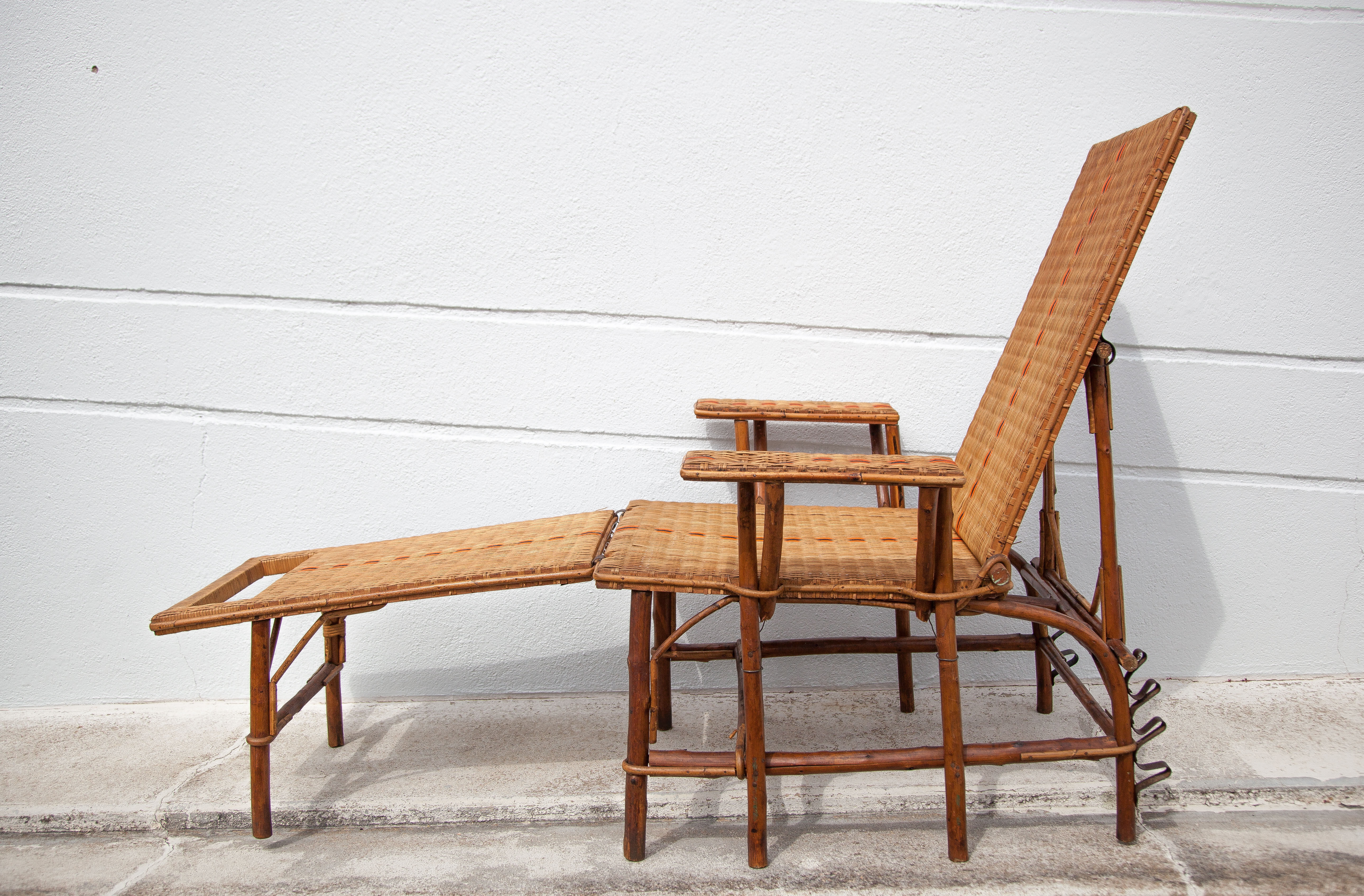 Antique rattan chaise longue, Chilean, rattan deckchair, folding backrest, removable footrest