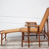 Chaise longue rotin ancienne chilienne transat rotin dossier rabattable, repose-pieds amovible