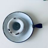 Antique candle holder in white and blue enamelled metal
