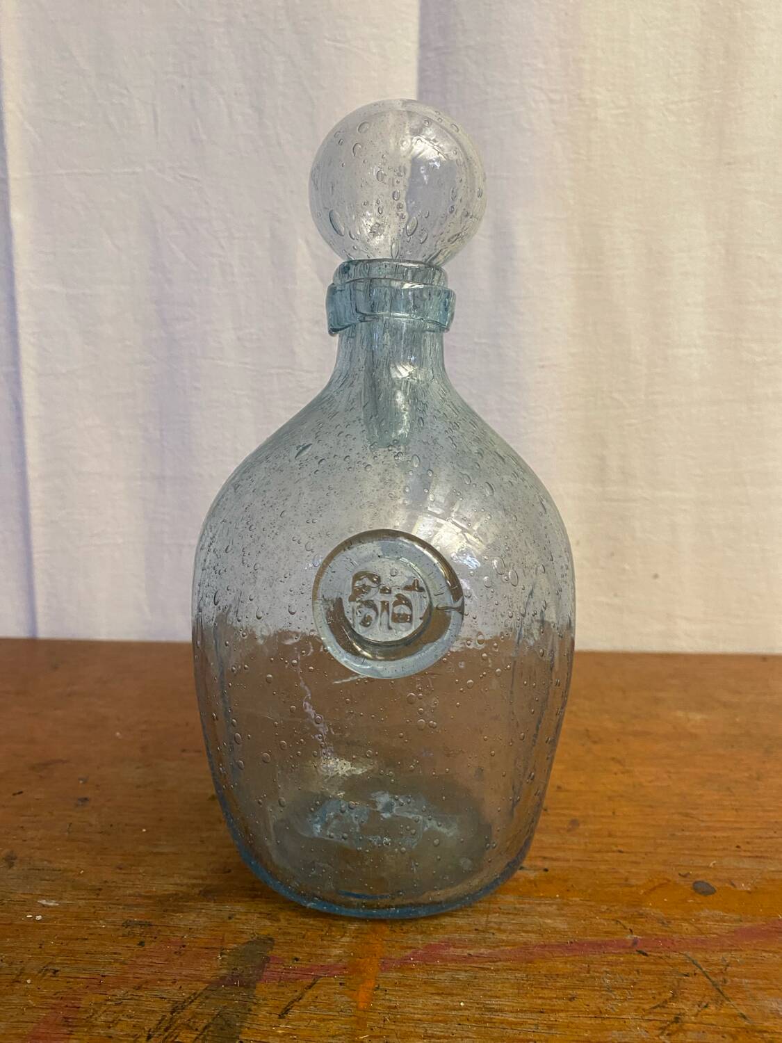Antique Biot bottle blue bubble blown glass + vintage stopper