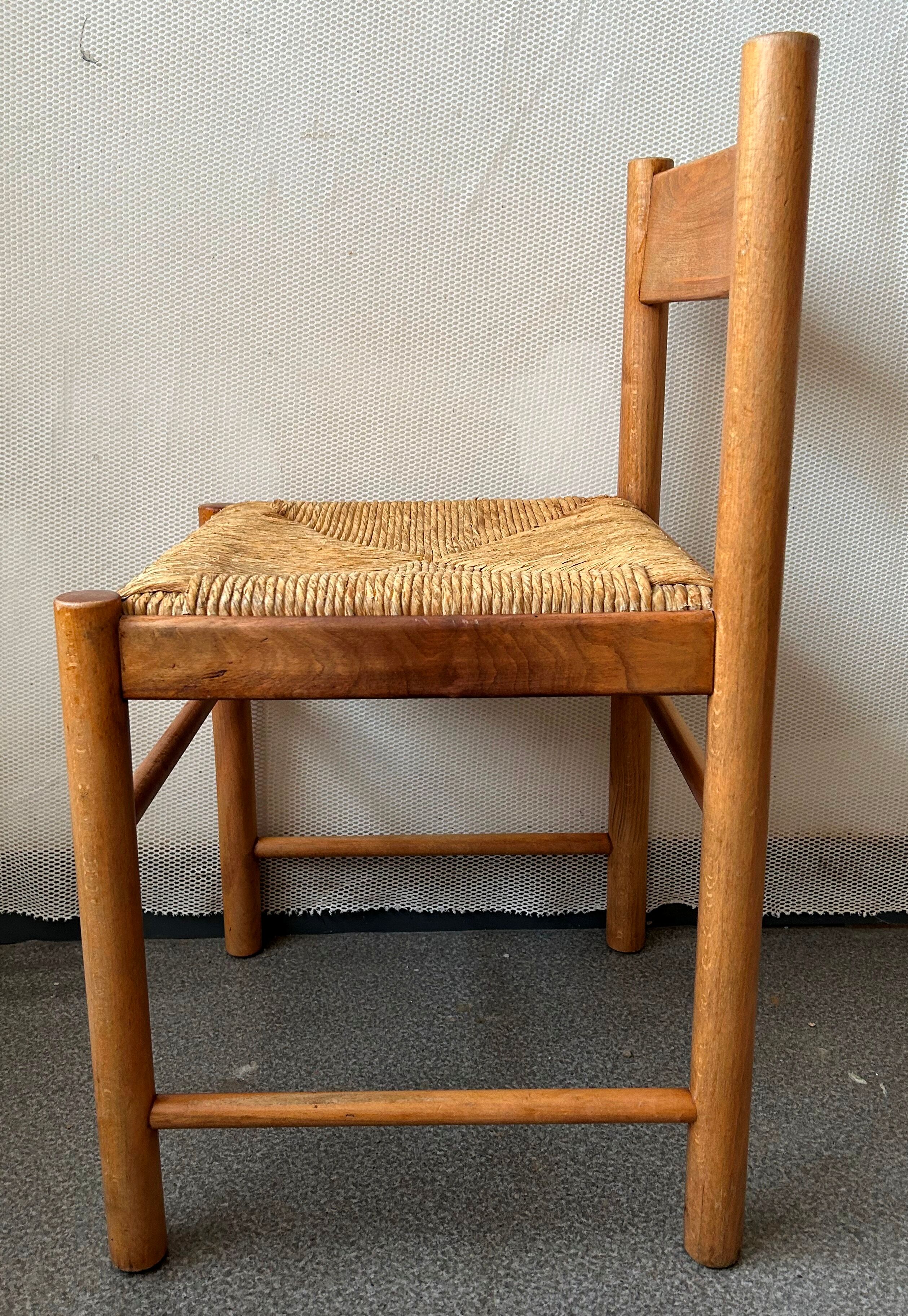 4 charlotte perriand style wood and straw chairs
