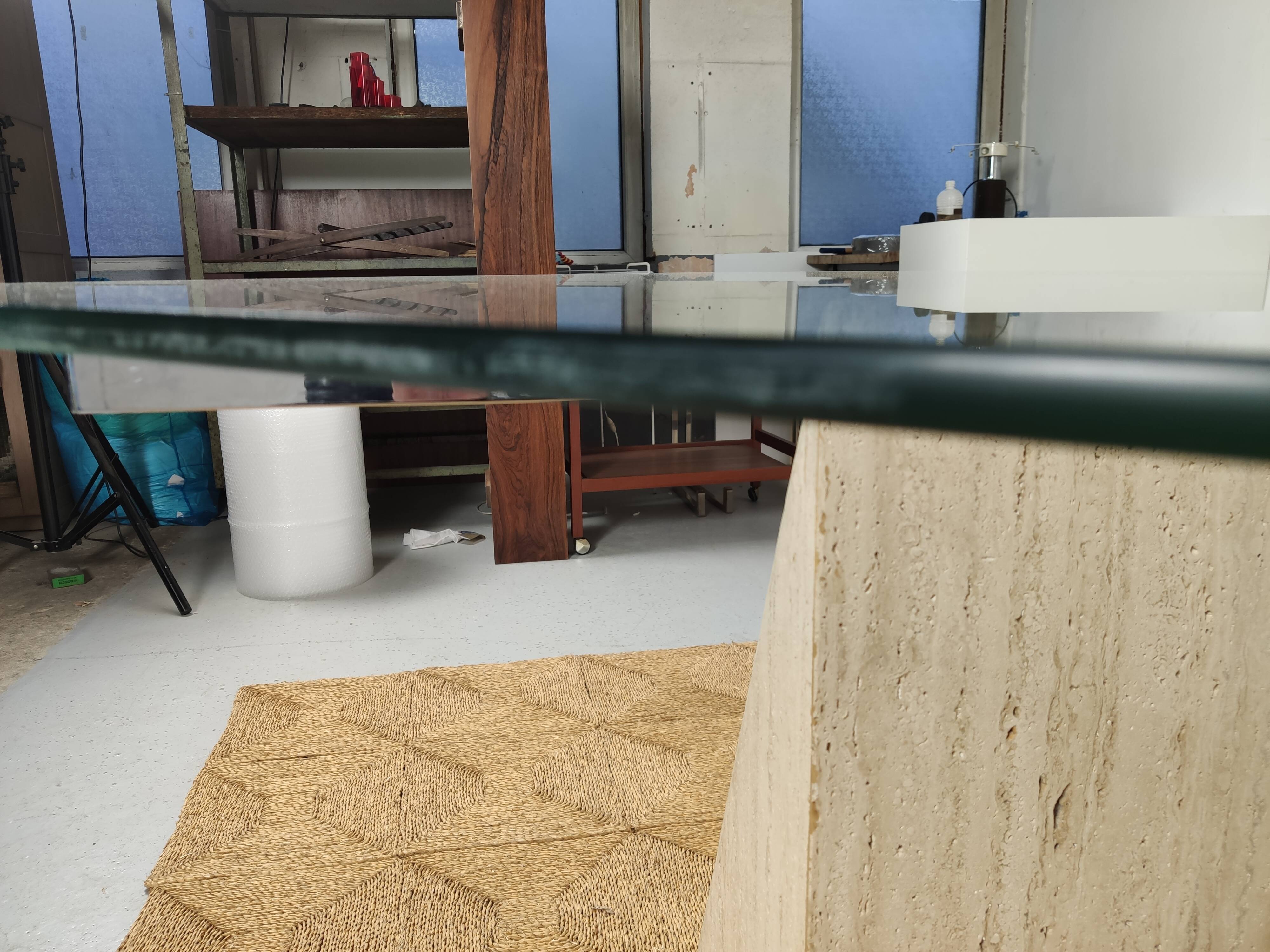 square dining table in travertine and glass , 80s