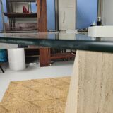 square dining table in travertine and glass , 80s