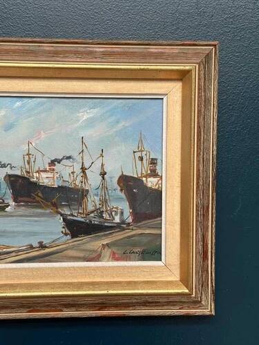 Oil on Canvas “Ships” by Josef Lang, Signed, Vintage & Framed 40×34cm