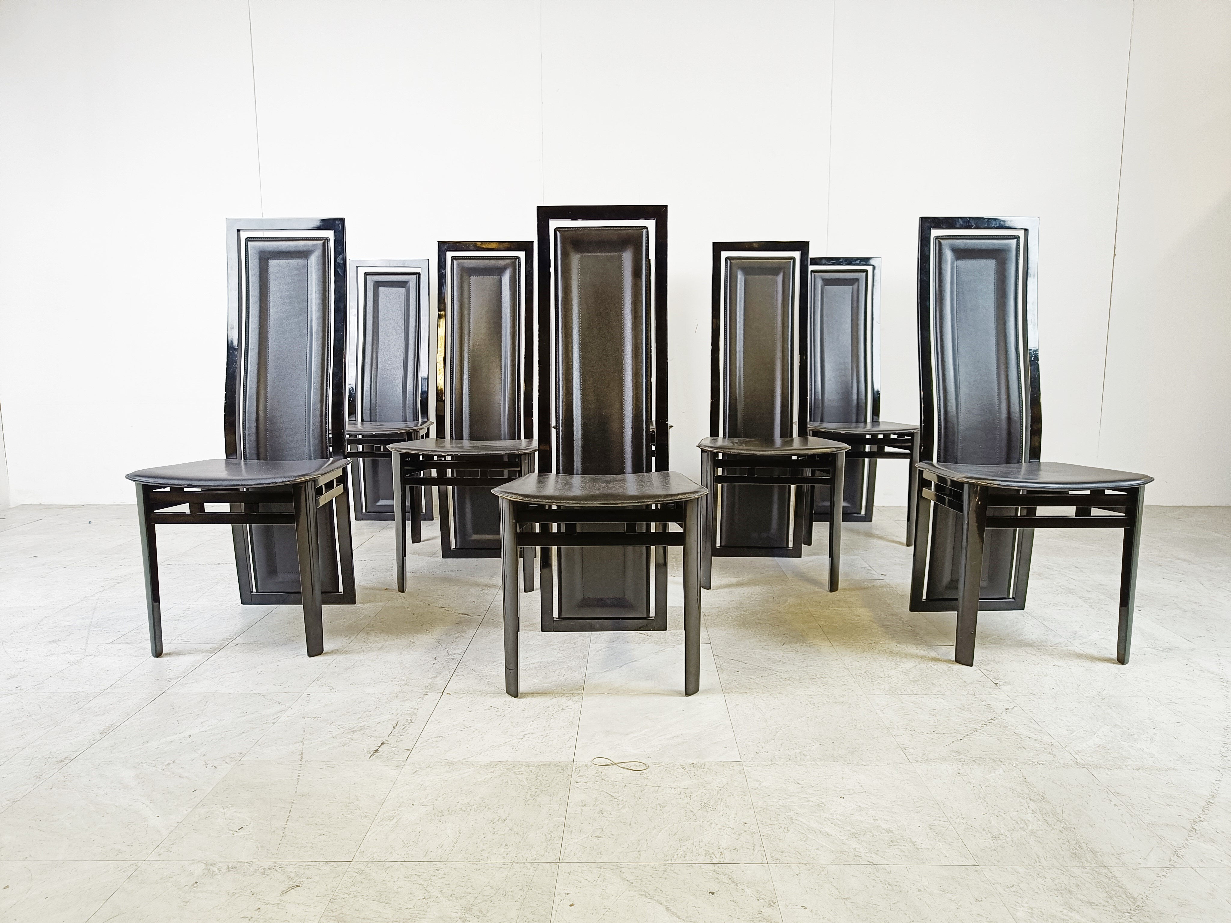 Set of eight Italian lacquered wood and leather modern dining chairs