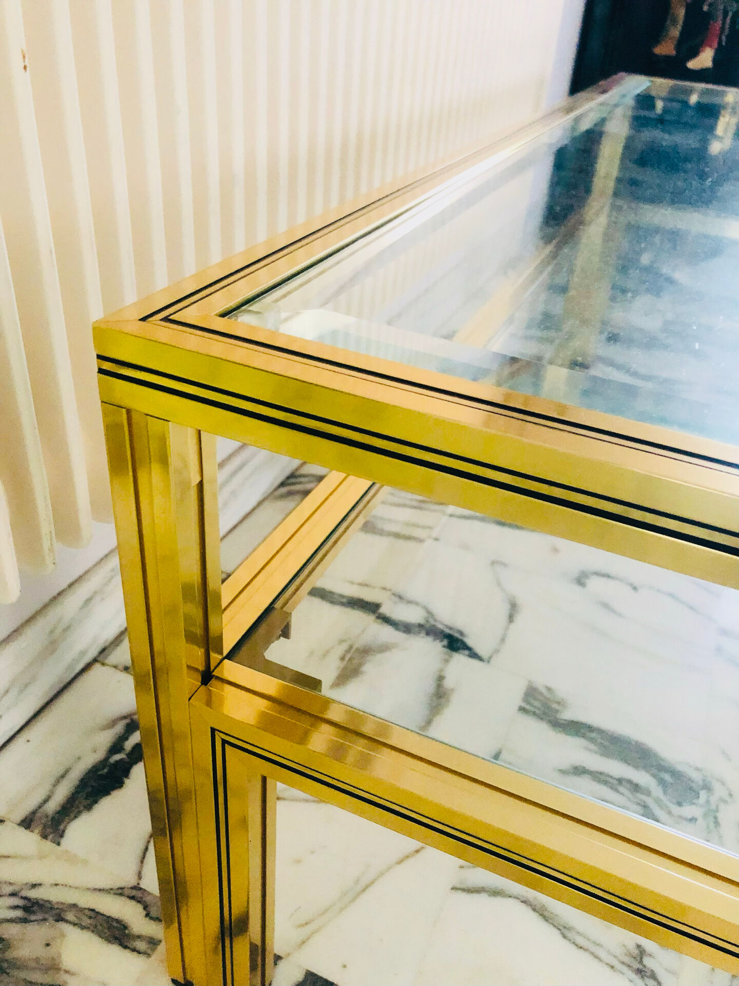 Coffee table with 2 brass and glass tops signed Pierre Vandel Paris, circa 70s.