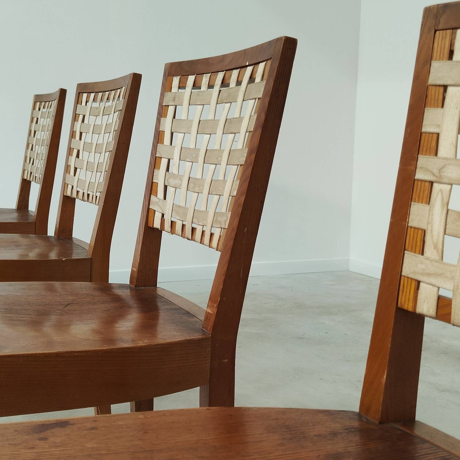 Series of 4 wood and strap chairs by Krasna Jizba Year 40