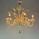 Venetian chandelier in colorless and green Murano glass, 6 light arms circa 1940