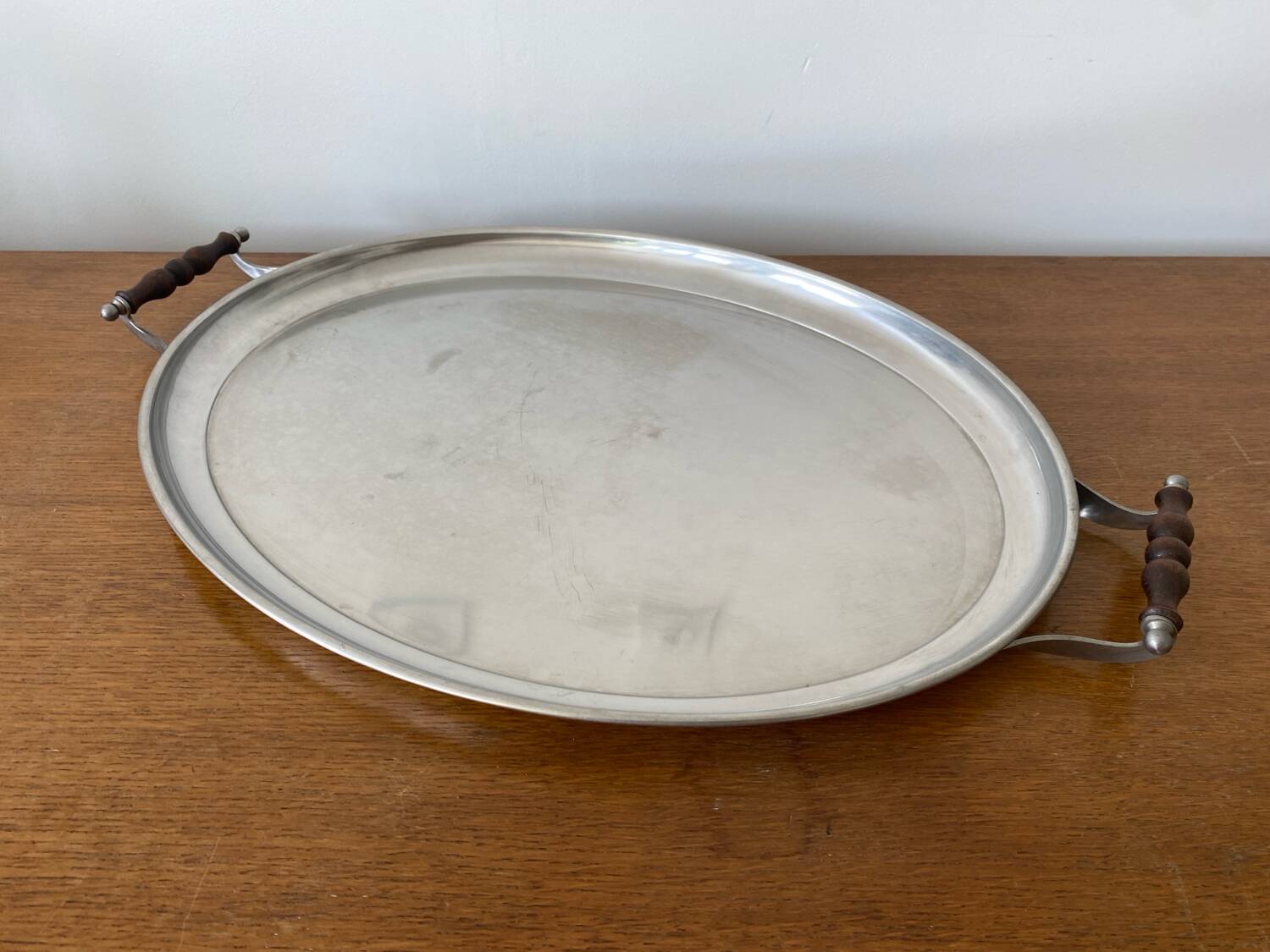 Old jean couzon serving tray stainless steel metal + vintage wooden handles #c