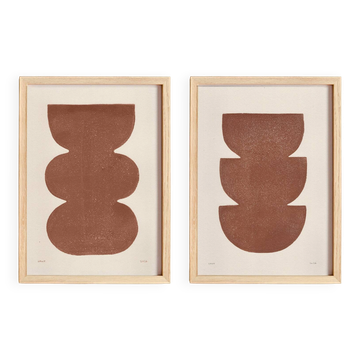 Duo de peintures abstraites terracotta sur papier signées Eawy