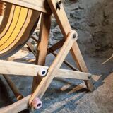 Vintage French folding lounge chair – 1950s/60s in beech with striped canvas, adjustable recliner