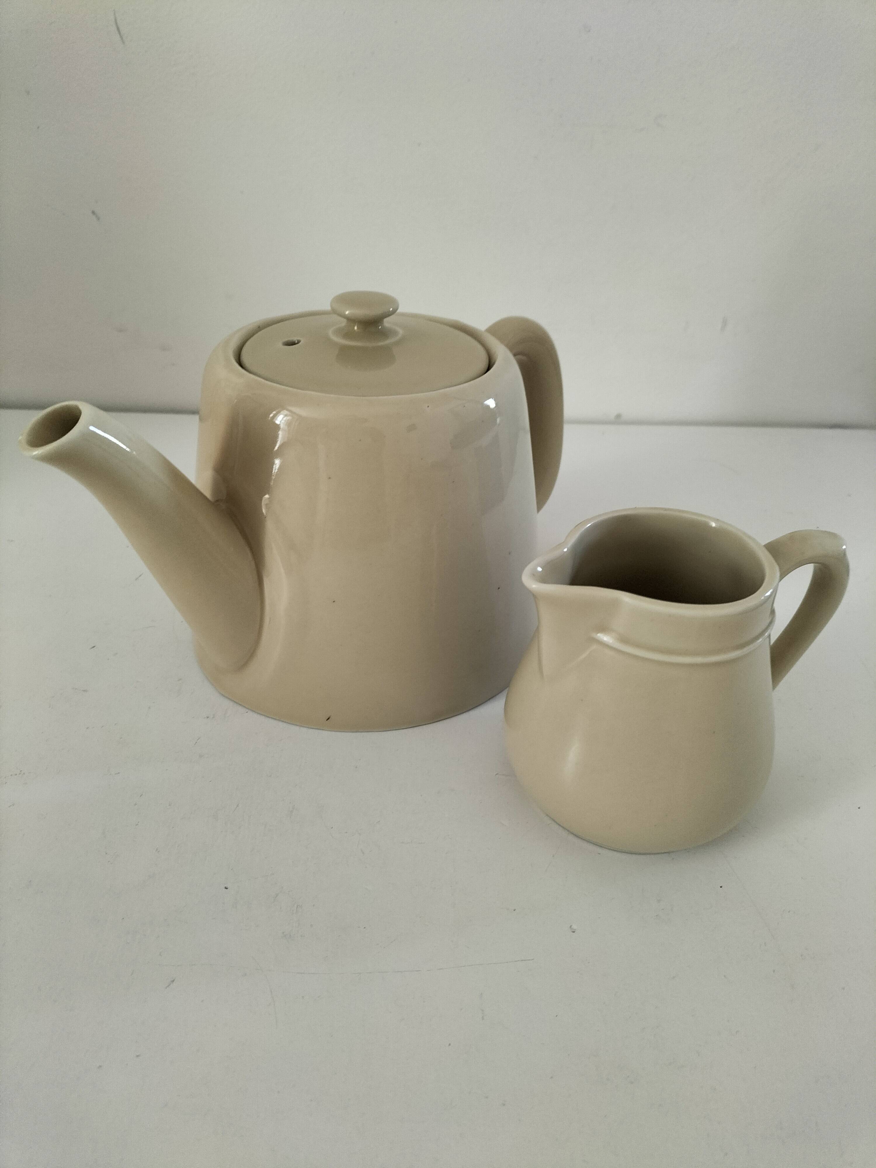 Duo teapot and milk jug in greige ceramic – Vintage bistro style