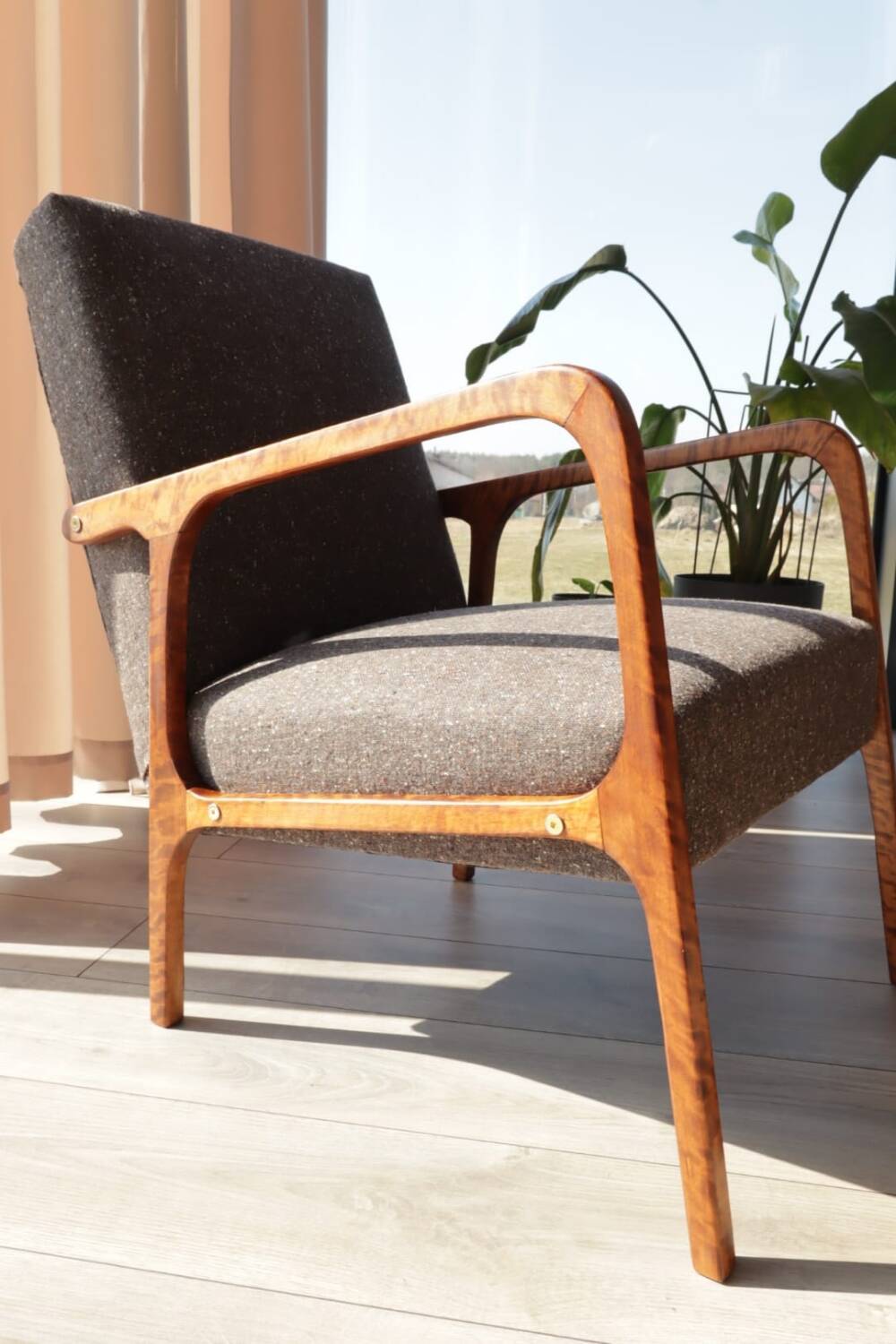 Mid Century Armchair Cacao Tweed Upholstery, 1960, Poland