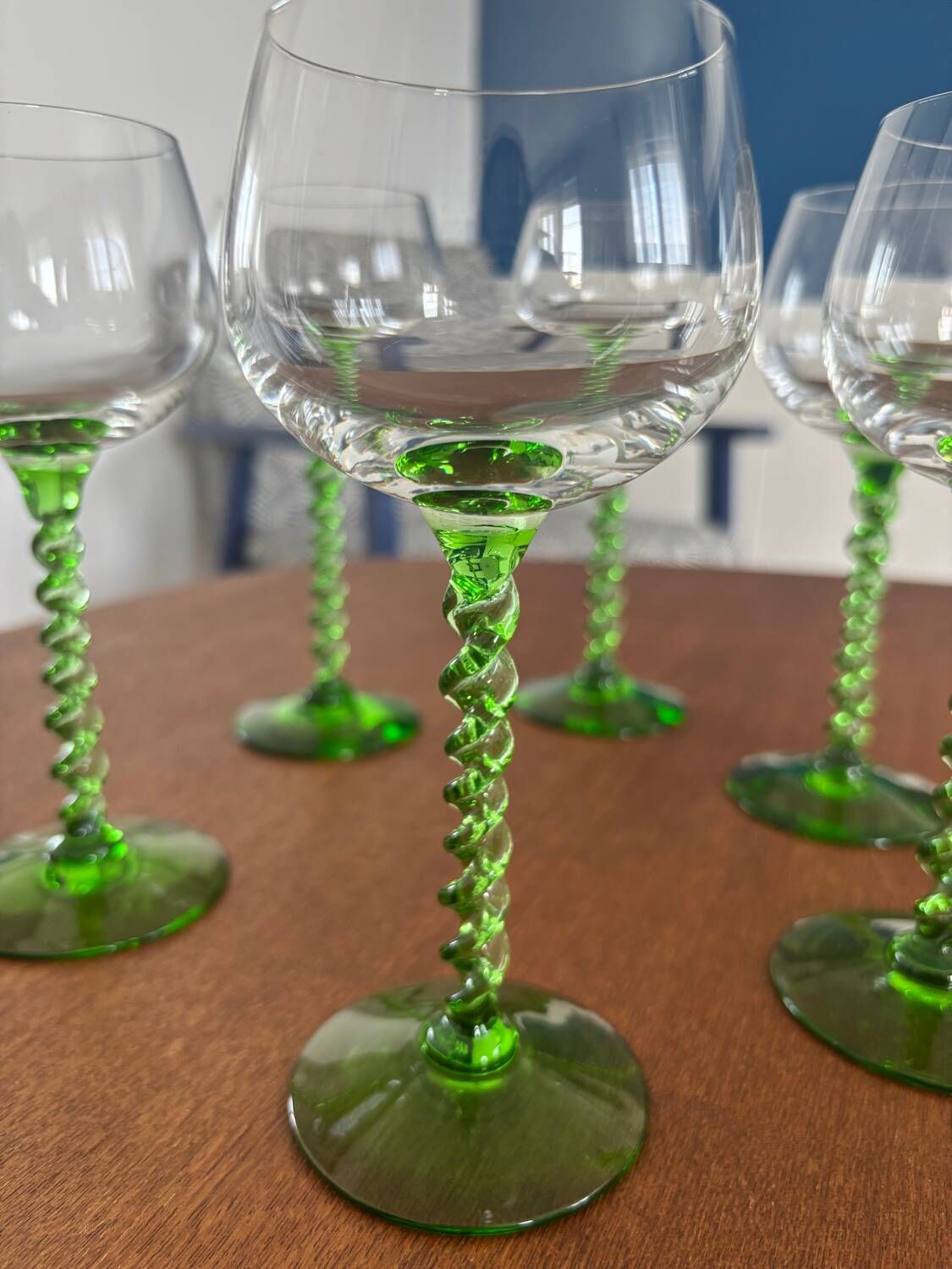 Alsatian white wine glass with a twisted green stem - vintage French stemmed glass