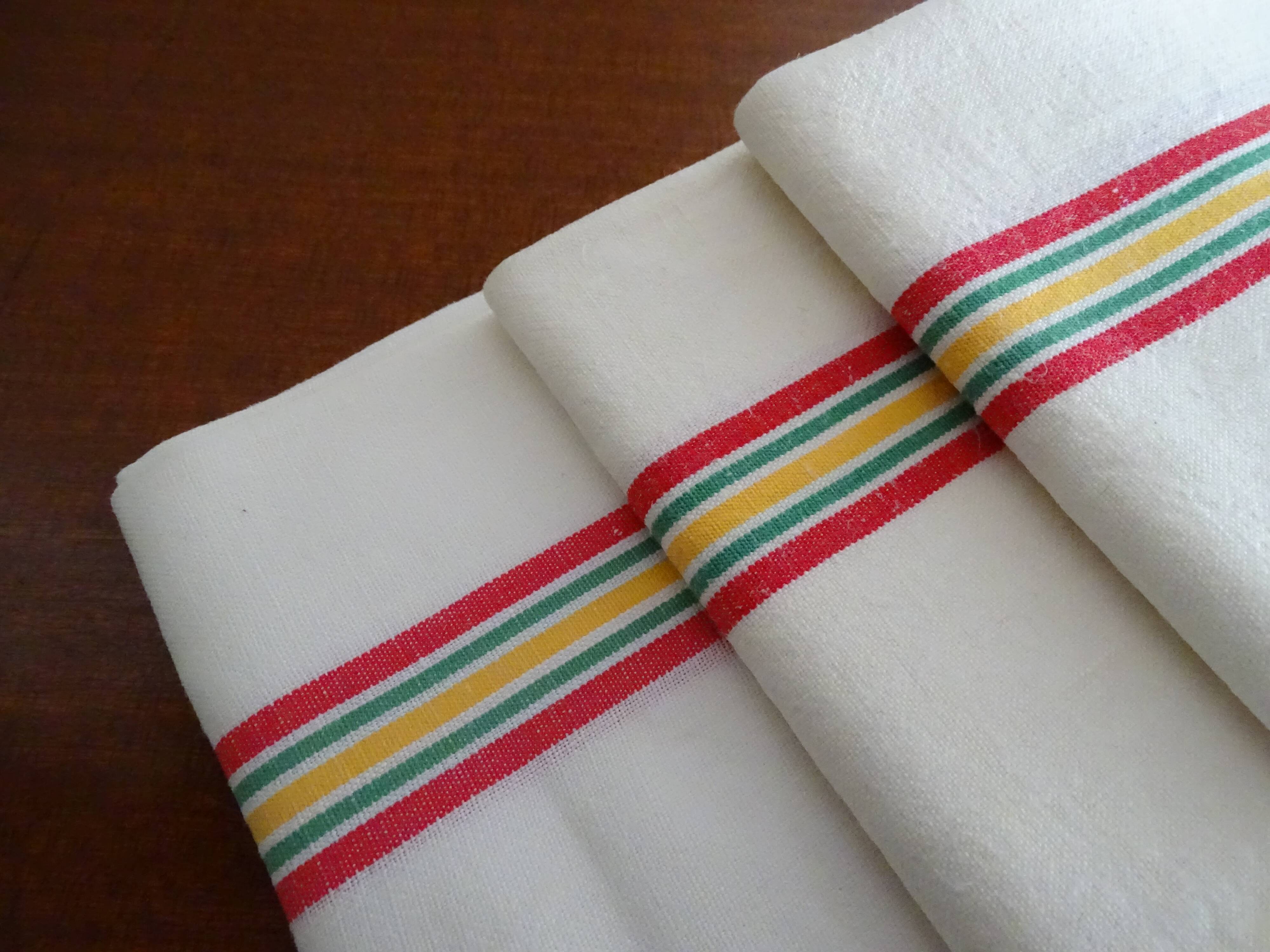 3 old linen cotton tea towels with vintage bedding