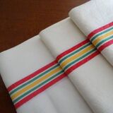 3 old linen cotton tea towels with vintage bedding