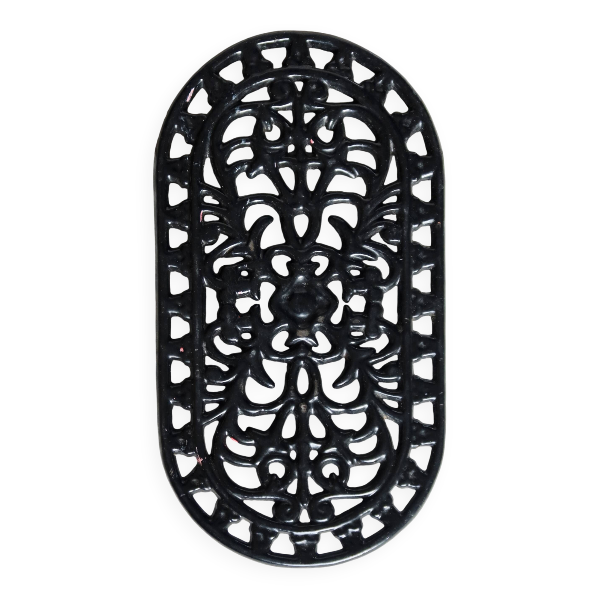 Vintage black cast iron oval trivet - Openwork design