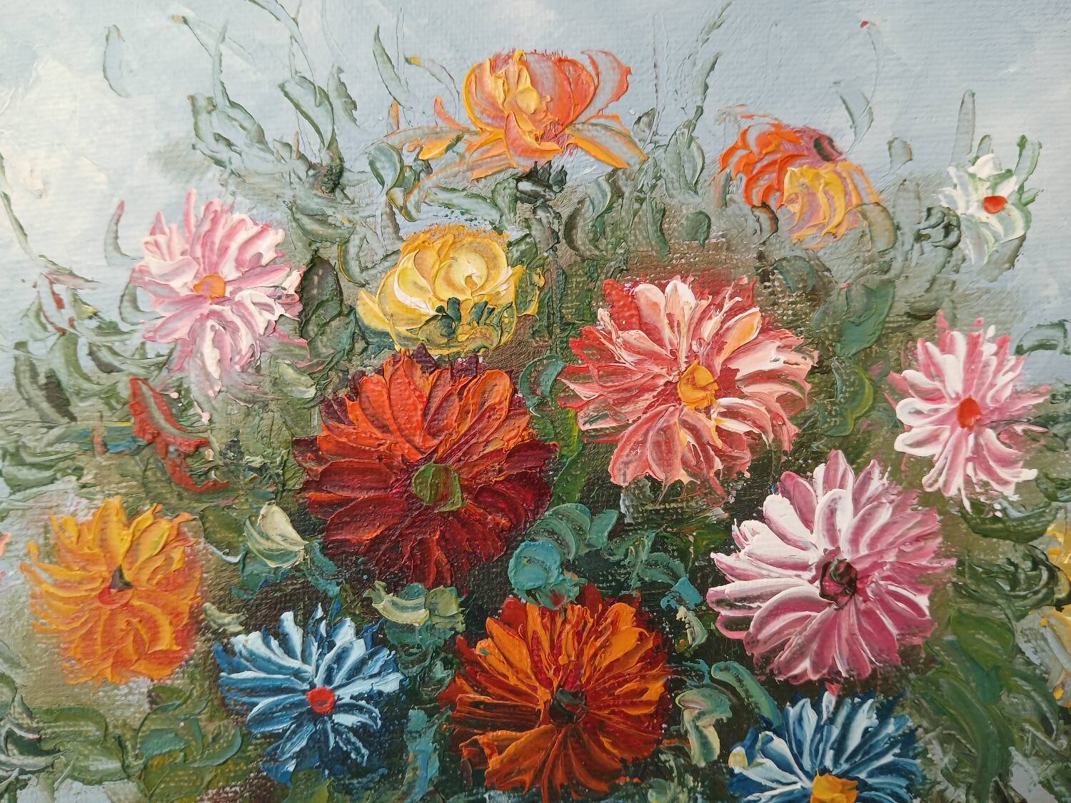 Small painting, bouquet of flowers, blue background