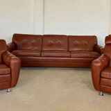Retro vintage Danish 3 person Svend Skipper sofa in chestnut brown leather