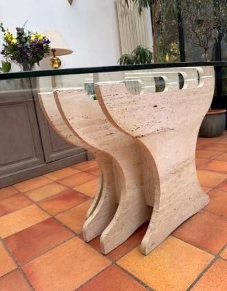 Large vintage dining table in beige stone and glass – 220 cm
