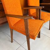 Pair of vintage 60s armchairs in wood and orange bouclé fabric
