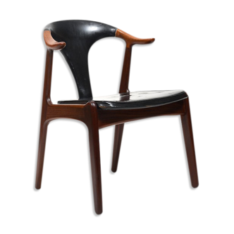 Danish Cow Horn Chair in Teak and Leather by H.P. Hansen