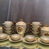 Porcelain tea set signed MP floral decoration heavenly blue background Louis XVI