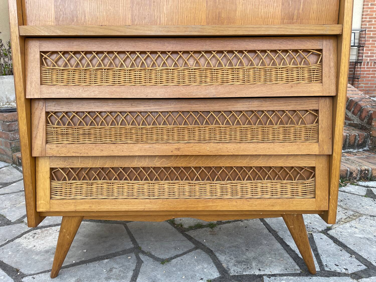 Secrétaire bois et rotin vintage