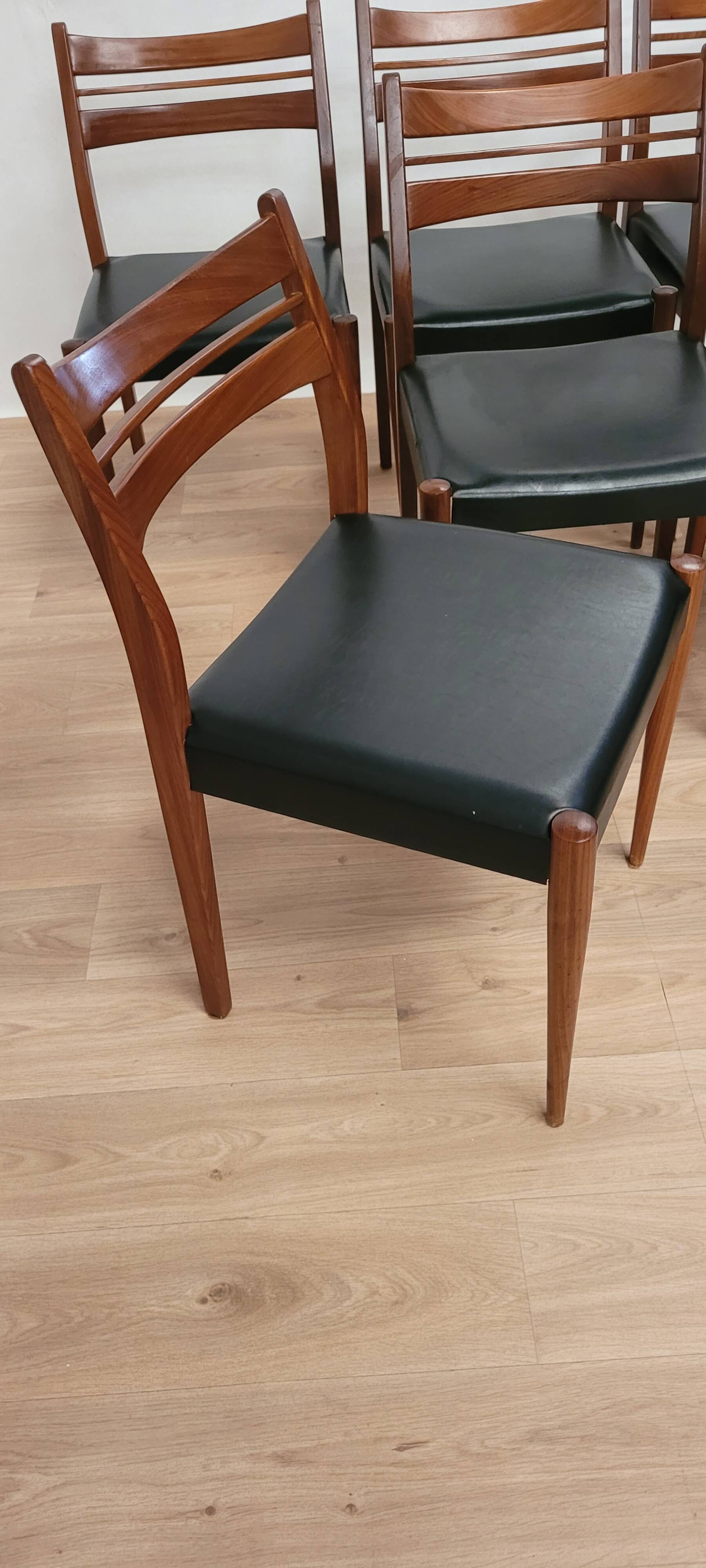 6 Vintage Scandinavian Chairs Teak and Faux Leather 1960 Denmark
