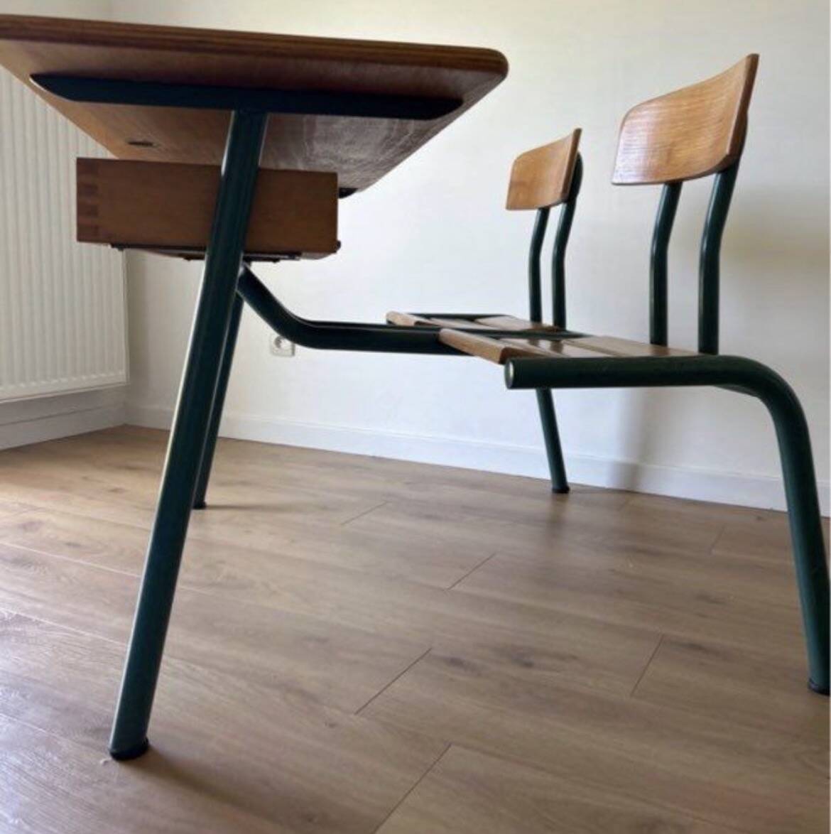 Vintage double school desk with 2 inkwells.