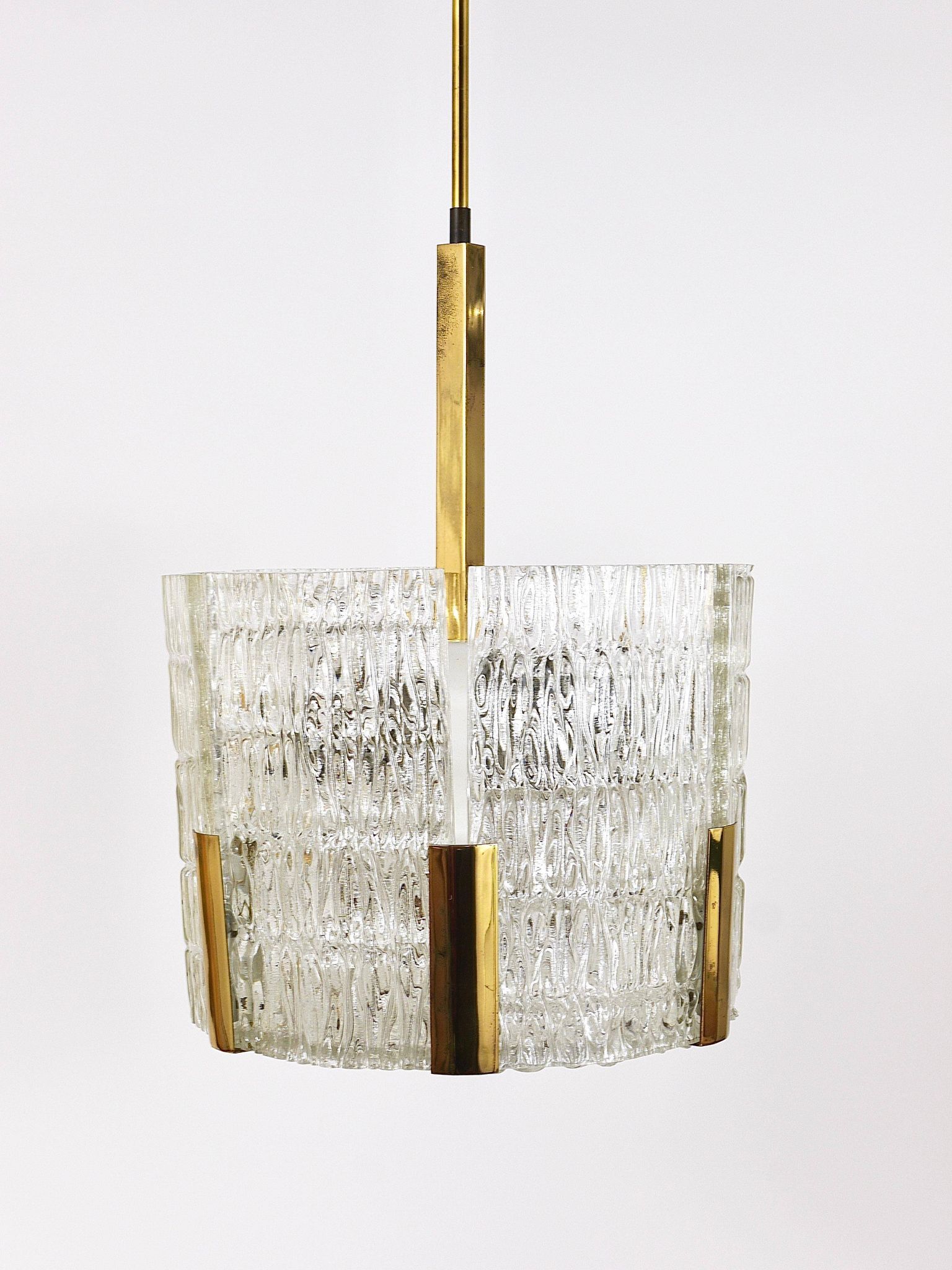 Kalmar Suspension Tambour Drum, Brass, Frosted Textured Glass, Austria, 1960s